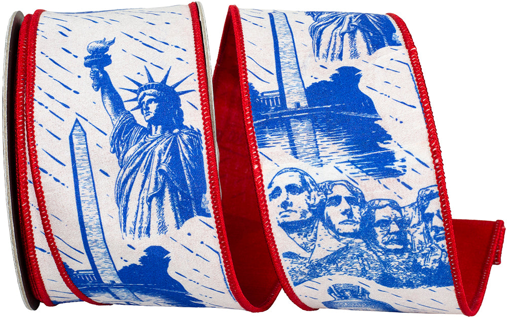 Red White Blue 2-1 2 Inch Toile Patriotic Americana Dupioni Backed Wired Edge Ribbon for Wreaths & Bows
