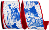 Red White Blue 2-1 2 Inch Toile Patriotic Americana Dupioni Backed Wired Edge Ribbon for Wreaths & Bows