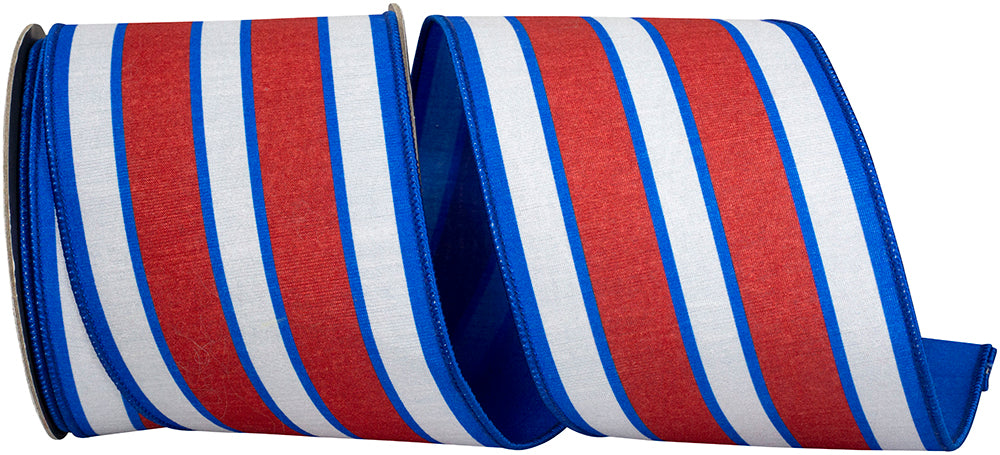 Red White Blue 4 Inch Heartland Stripe Dupioni Fused Backed Wired Edge Ribbon for Wreaths & Bows