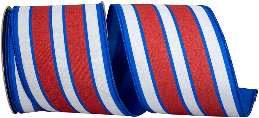 Red White Blue 4 Inch Heartland Stripe Dupioni Fused Backed Wired Edge Ribbon for Wreaths & Bows