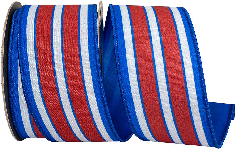 Red White Blue 2-1 2 Inch Heartland Stripe Dupioni Fused Backed Wired Edge Ribbon for Wreaths & Bows