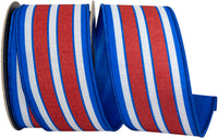 Red White Blue 2-1 2 Inch Heartland Stripe Dupioni Fused Backed Wired Edge Ribbon for Wreaths & Bows