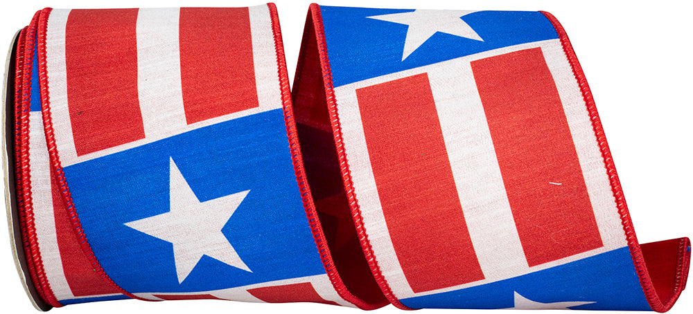 Red White Blue 4 Inch Stars And Stripes Vertical Dupioni Fused Backed Wired Edge Ribbon for Wreaths & Bows