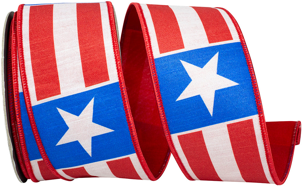Red White Blue 2-1 2 Inch Stars And Stripes Vertical Dupioni Fused Backed Wired Edge Ribbon for Wreaths & Bows