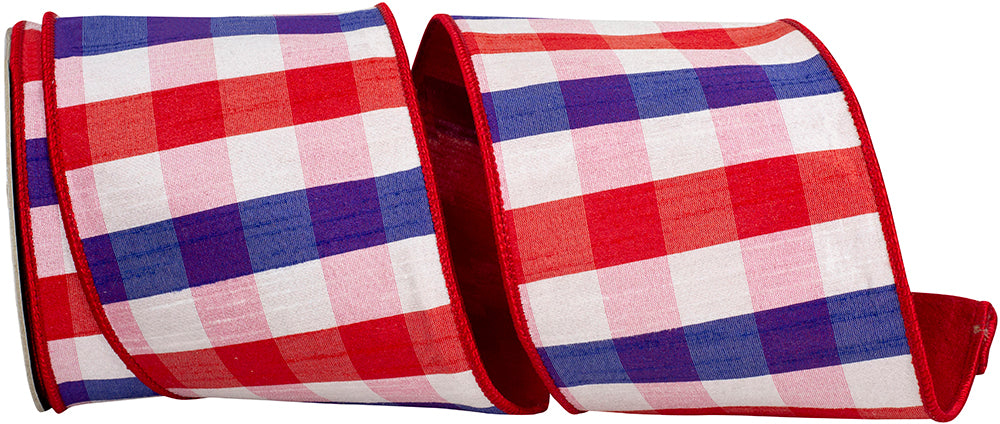 Patriotic Dupioni Plaid Wired Edge Ribbon Red White Blue 4 Inch