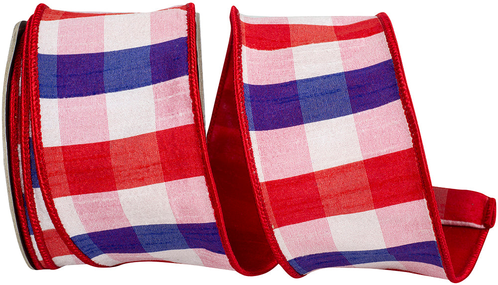 Patriotic Dupioni Plaid Wired Edge Ribbon Red White Blue 2.5 Inch