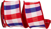 Patriotic Dupioni Plaid Wired Edge Ribbon Red White Blue 2.5 Inch