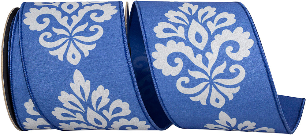 Cobalt 4 Inch Nonnie Filigree Fused Dupioni Backed Wired Edge Ribbon for Wreaths & Bows