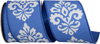 Cobalt 4 Inch Nonnie Filigree Fused Dupioni Backed Wired Edge Ribbon for Wreaths & Bows