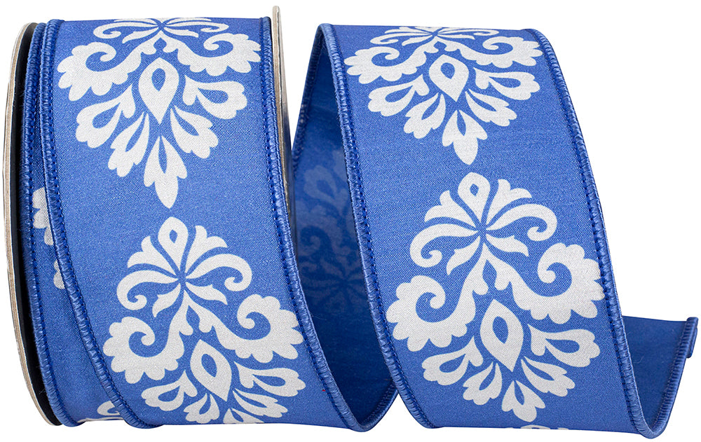 Cobalt 2-1 2 Inch Nonnie Filigree Fused Dupioni Backed Wired Edge Ribbon for Wreaths & Bows