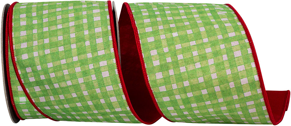 Green Red 4 Inch Watercolor Check Deluxe Dupioni Backed Wired Edge Ribbon for Wreaths & Bows