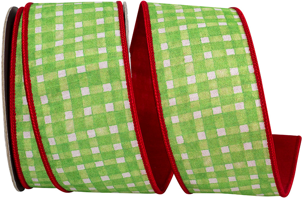 Green Red 2-1 2 Inch Watercolor Check Deluxe Dupioni Backed Wired Edge Ribbon for Wreaths & Bows
