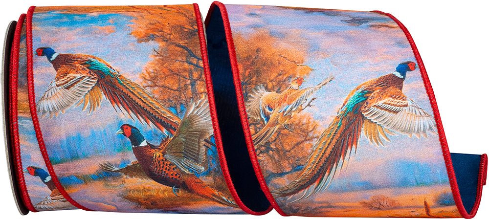 Multi 4 Inch Pheasant Horizon Dupioni Fused Backed Wired Edge Ribbon for Wreaths & Bows