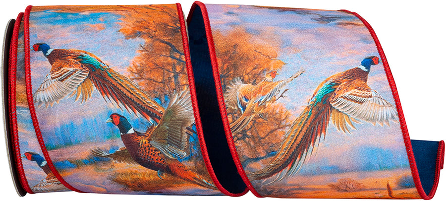 Multi 4 Inch Pheasant Horizon Dupioni Fused Backed Wired Edge Ribbon for Wreaths & Bows