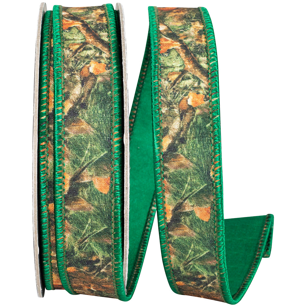 Forest 1 Inch Forest Walkway Camouflage Dupioni Fused Backed Wired Edge Ribbon for Wreaths & Bows