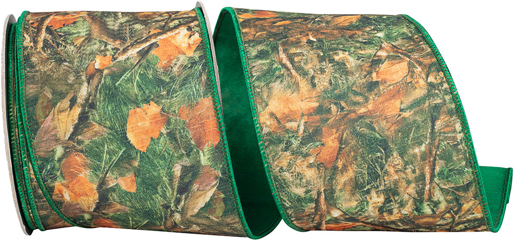 Forest 4 Inch Forest Walkway Camouflage Dupioni Fused Backed Wired Edge Ribbon for Wreaths & Bows