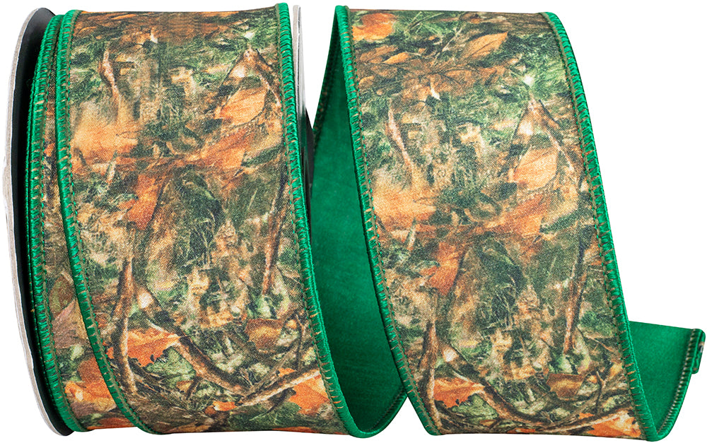Forest 2-1 2 Inch Forest Walkway Camouflage Dupioni Fused Backed Wired Edge Ribbon for Wreaths & Bows