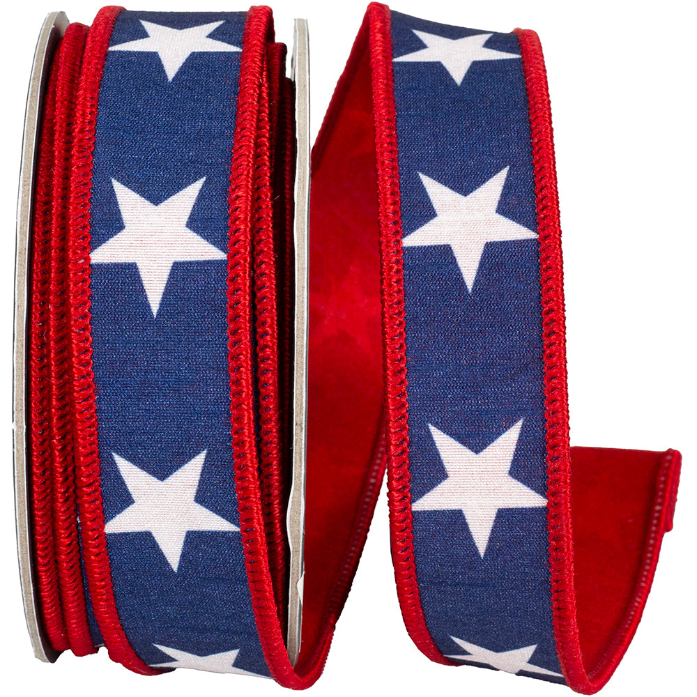 Navy White 1 Inch Star Line Colors Dupioni Fused Backed Wired Edge Ribbon for Wreaths & Bows