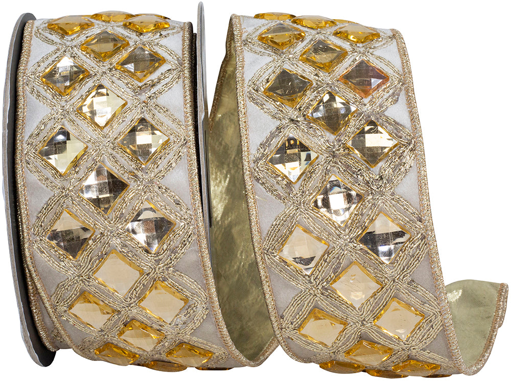 Ivory Diamond Jeweled Metallic Wired Edge Ribbon 2-1/2 Inch