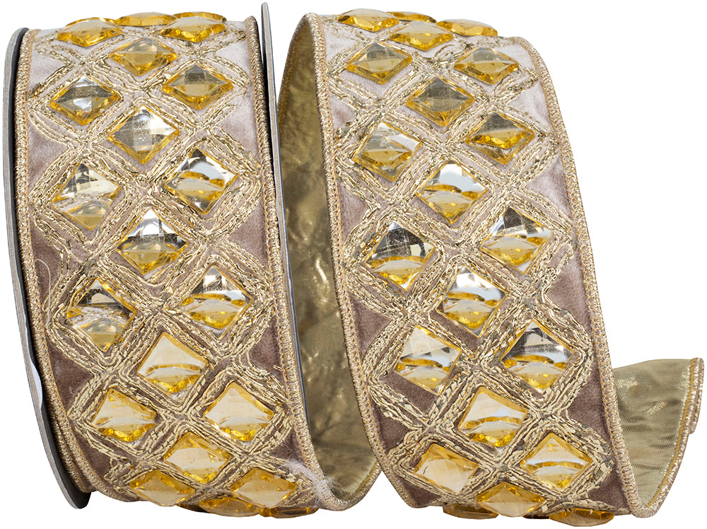 Antique Diamond Jeweled Metallic Embroidery Ribbon 2-1/2 Inch