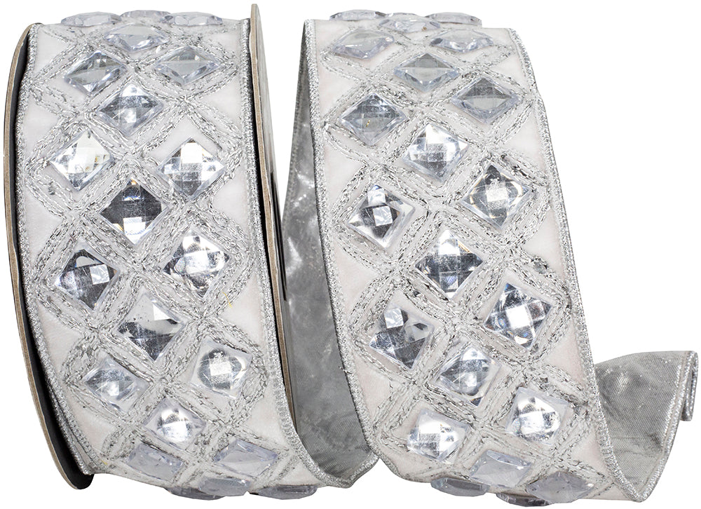 Diamond Jeweled Metallic Ribbon White Silver 2-1/2 Inch