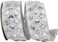 Diamond Jeweled Metallic Ribbon White Silver 2-1/2 Inch