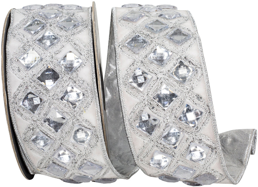 Diamond Jeweled Metallic Ribbon White Silver 2-1/2 Inch