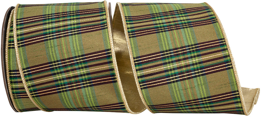 Willow Plaid 4 Inch Wired Edge Ribbon Moss Metallic Dupioni