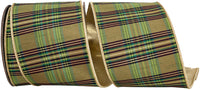 Willow Plaid 4 Inch Wired Edge Ribbon Moss Metallic Dupioni