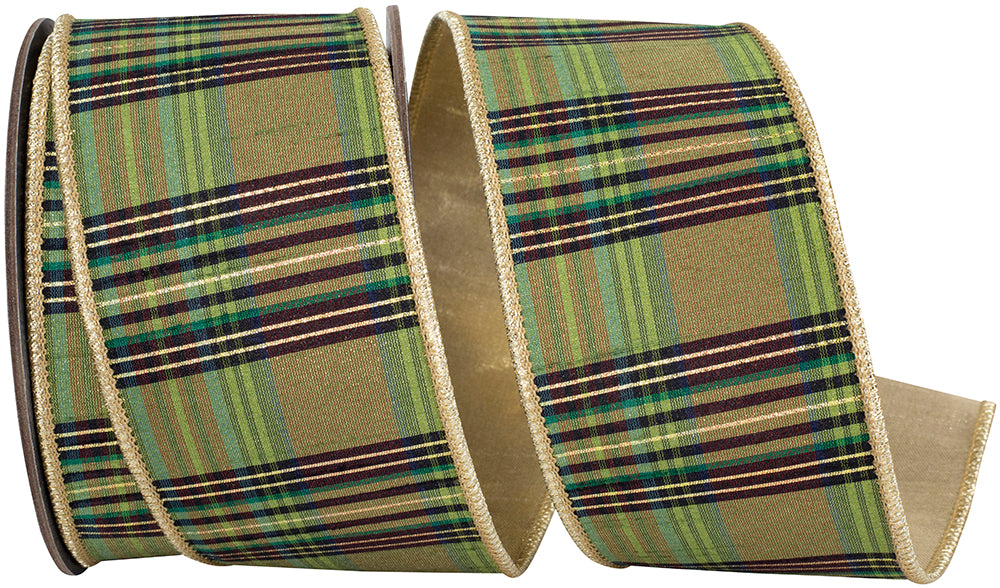 Willow Plaid Wired Edge Ribbon 2-1/2 Inch Moss Metallic
