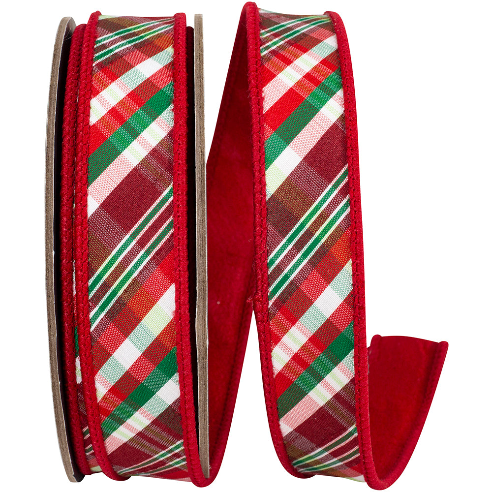 Spearmint Diagonal Plaid Wired Edge Ribbon Red Green 1 Inch