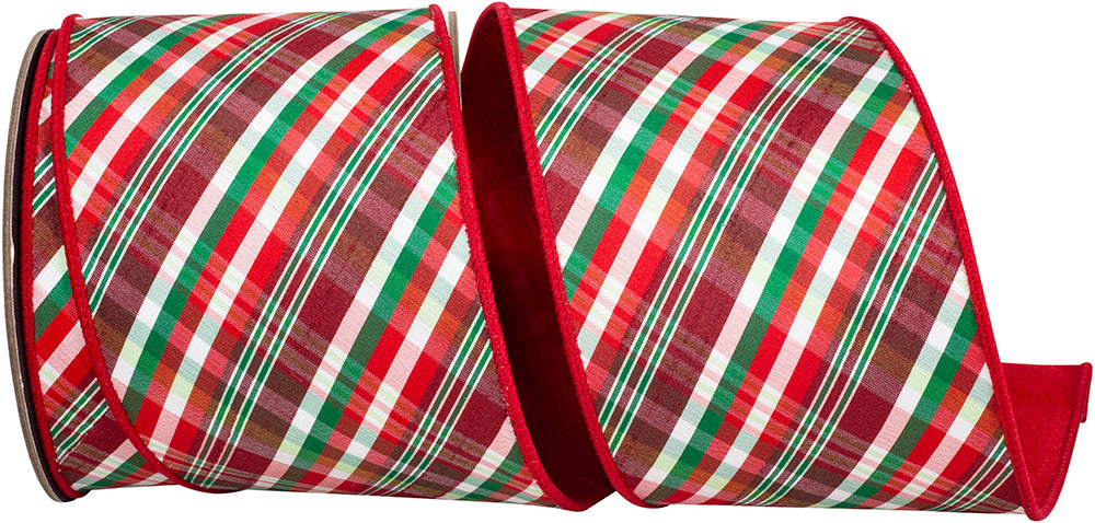 Spearmint Diagonal Plaid Wired Edge Ribbon Red Green 4 Inch