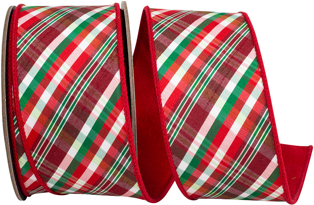 Spearmint Diagonal Plaid Wired Edge Ribbon Red Green 2-1/2 Inch