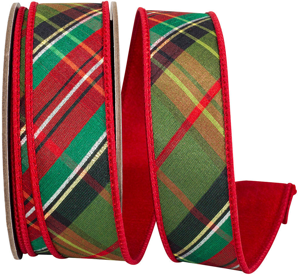 Red Green 1-1 2 Inch Holiday Tradition High Fashion Diagonal Fused Dupioni Backed Wired Edge Ribbon for Wreaths & Bows