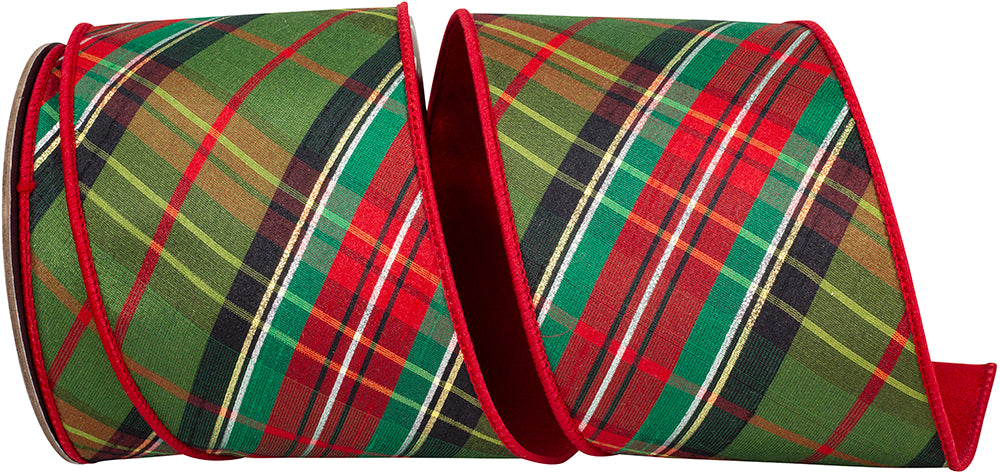 Red Green 4 Inch Holiday Tradition High Fashion Diagonal Fused Dupioni Backed Wired Edge Ribbon for Wreaths & Bows