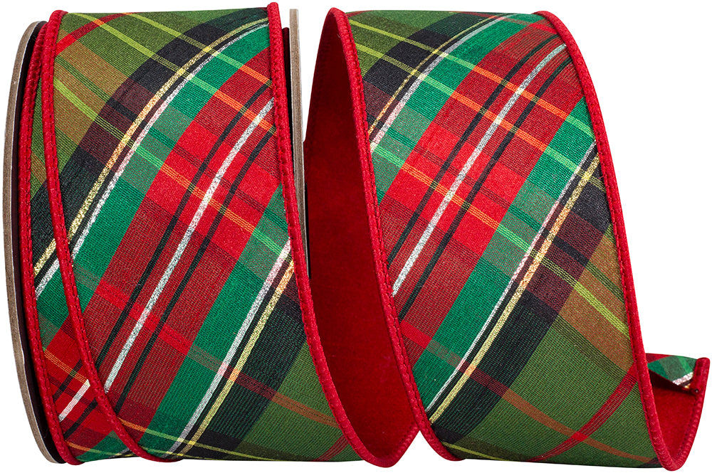 Red Green 2-1 2 Inch Holiday Tradition High Fashion Diagonal Fused Dupioni Backed Wired Edge Ribbon for Wreaths & Bows