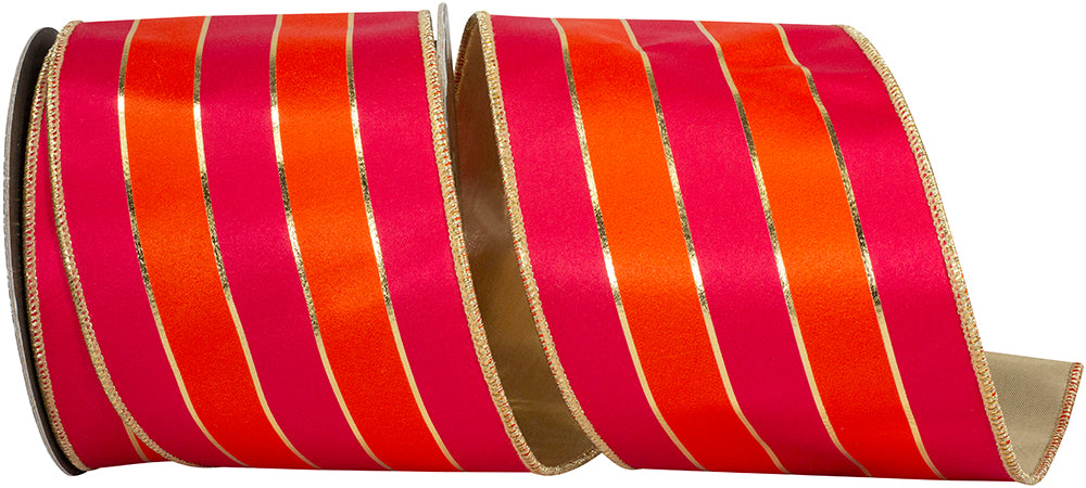 Fuchsia Orange 4 Inch Sassy Stripes Satin Fused Gold Backed Wired Edge Ribbon for Wreaths & Bows