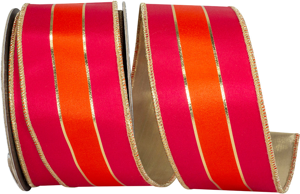 Fuchsia Orange 2-1 2 Inch Sassy Stripes Satin Fused Gold Backed Wired Edge Ribbon for Wreaths & Bows