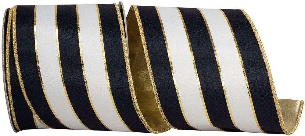 Black White 4 Inch Sassy Stripes Satin Fused Gold Backed Wired Edge Ribbon for Wreaths & Bows