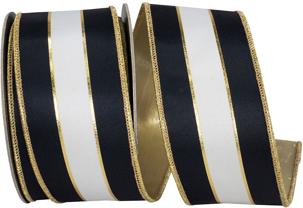 Black White 2-1 2 Inch Sassy Stripes Satin Fused Gold Backed Wired Edge Ribbon for Wreaths & Bows