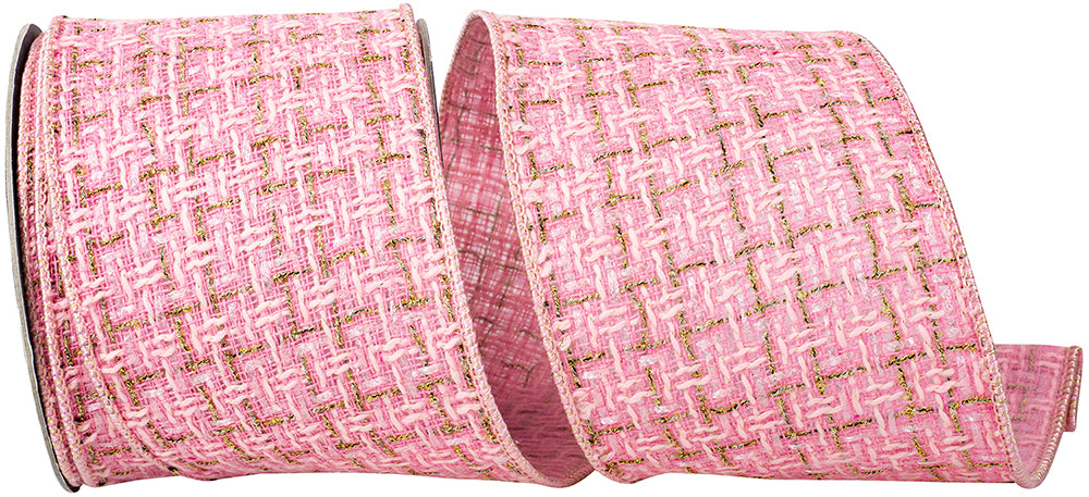 Pink White 4 Inch Luxe Weave Sparkle Fused Meshed Backing Wired Edge Ribbon for Wreaths & Bows
