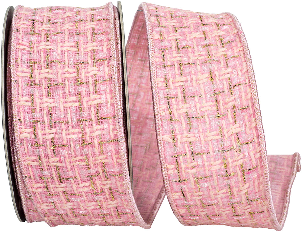 Pink White 2-1 2 Inch Luxe Weave Sparkle Fused Meshed Backing Wired Edge Ribbon for Wreaths & Bows
