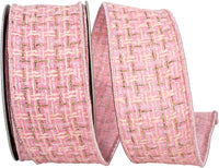 Pink White 2-1 2 Inch Luxe Weave Sparkle Fused Meshed Backing Wired Edge Ribbon for Wreaths & Bows