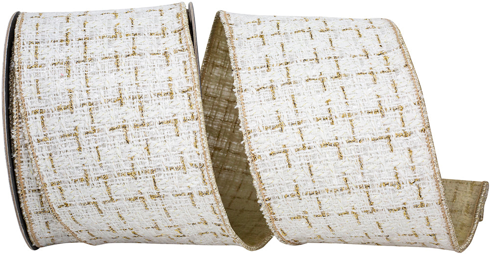 White Gold 4 Inch Luxe Weave Sparkle Fused Meshed Backing Wired Edge Ribbon for Wreaths & Bows