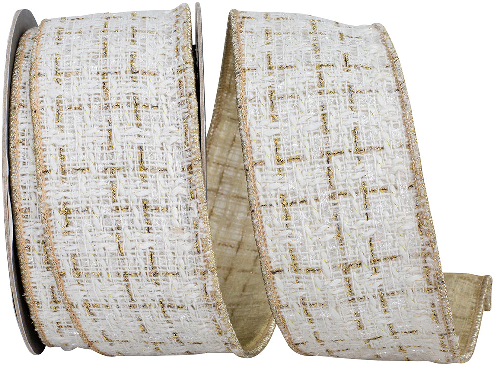 White Gold 2-1 2 Inch Luxe Weave Sparkle Fused Meshed Backing Wired Edge Ribbon for Wreaths & Bows