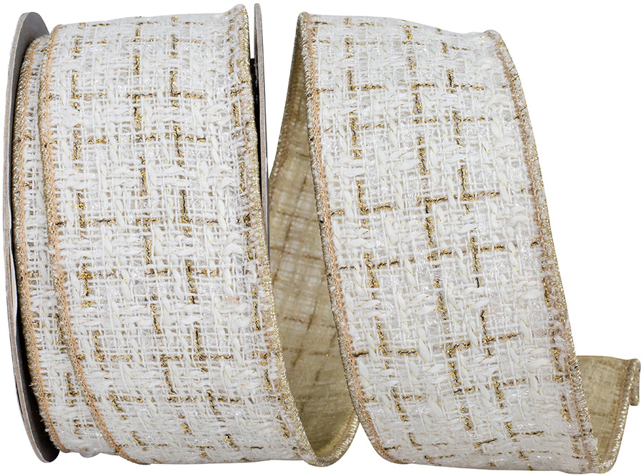 White Gold 2-1 2 Inch Luxe Weave Sparkle Fused Meshed Backing Wired Edge Ribbon for Wreaths & Bows