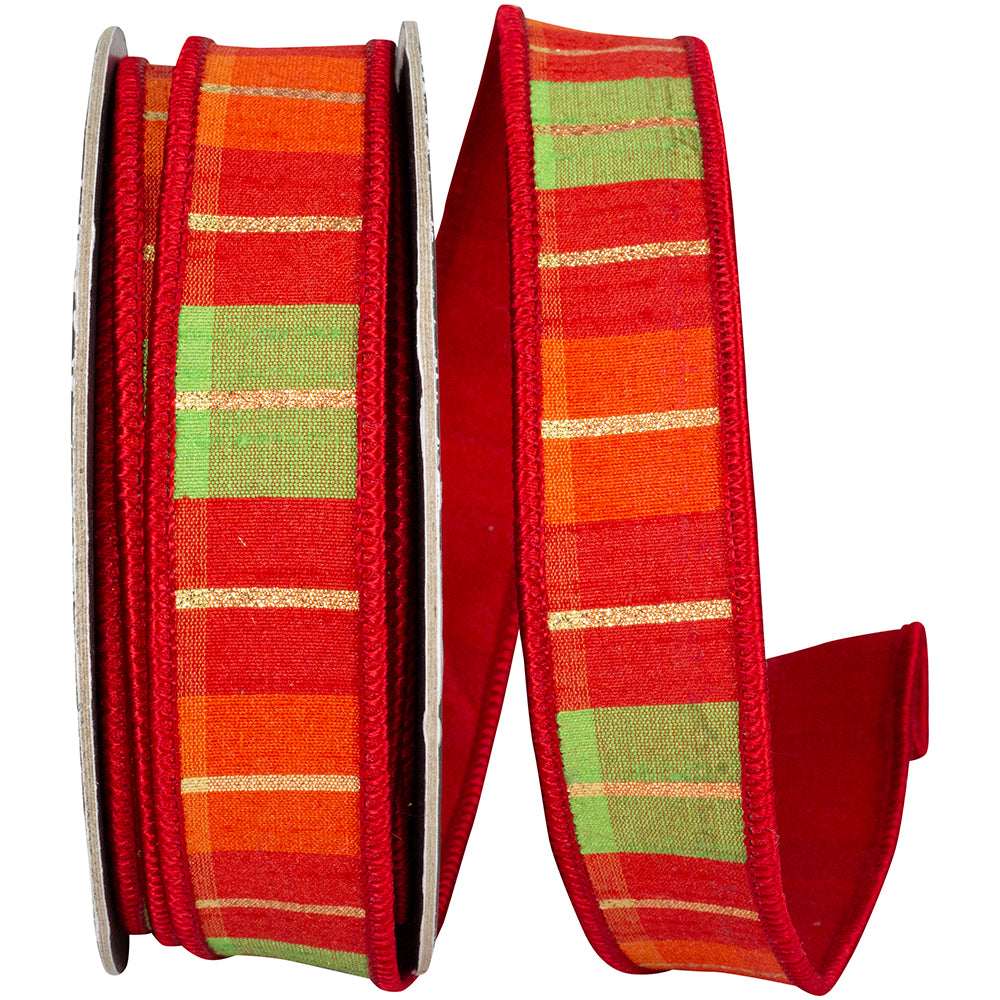 Citrus Holiday Plaid Wired Edge Ribbon 1 Inch Polyester