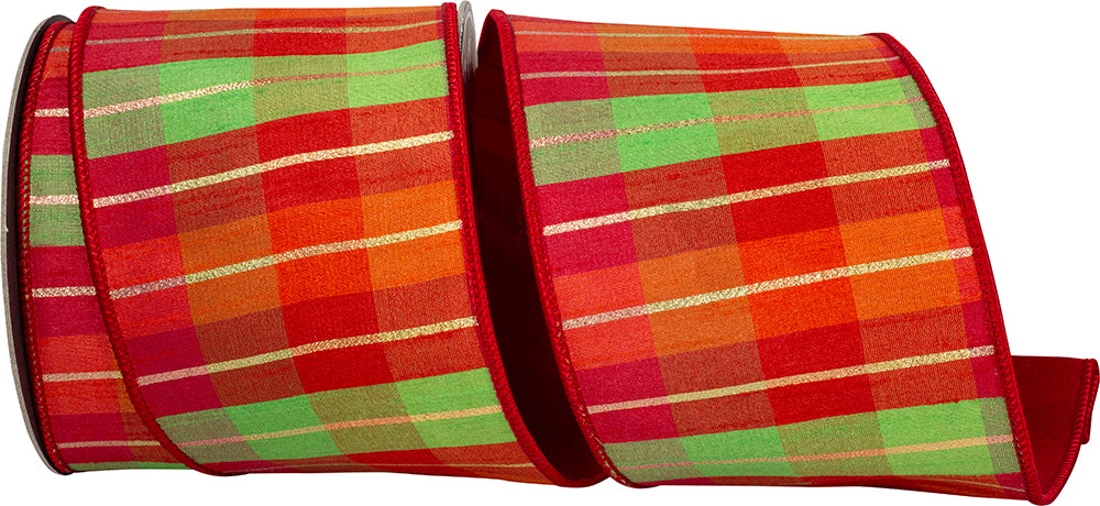 Citrus Holiday Plaid Wired Edge Ribbon 4 Inch 100% Polyester