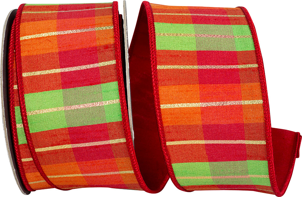 Citrus Holiday Plaid Wired Edge Ribbon 2-1/2 Inch Polyester
