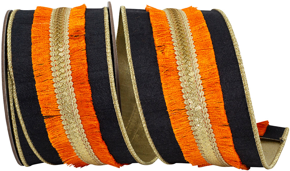 Fringe Trimmed Black Orange 3 Inch Wired Edge Ribbon